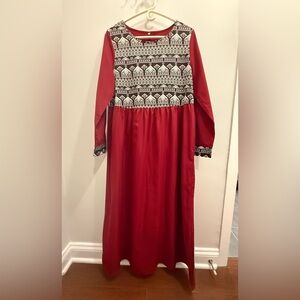 Women’s Modest Maxi Dress size M Red Long Sleeve Nordic Geometric Boho Prairie